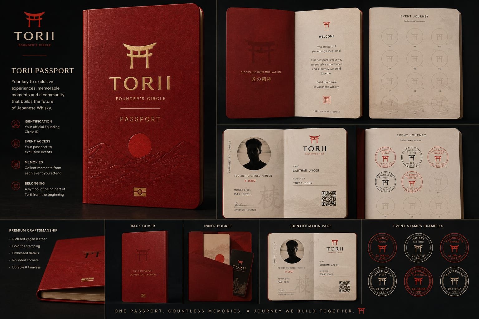 The TORII Founder's Circle Passport — red leather with gold stamping, member identification page and event stamps